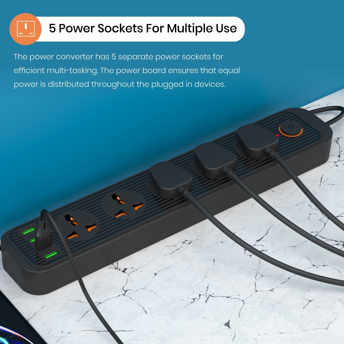 Portronics Power Plate 6 with 4 USB Port + 5 Power Sockets Extension Board